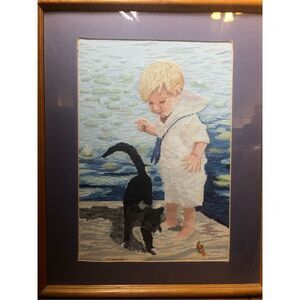 Finished and Framed Cross Stitch Janlynn Cross Stitch "Boy With Cat" 21” x 17”